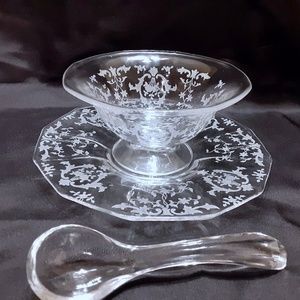 💲SALE💲 Fostoria Navarre Etched Crystal Mayonnaise Bowl w/Underplate and Ladle